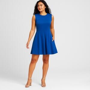 NY&C Blue Cotton Crisscross Back Dress Women’s Large Pockets 33” Summer